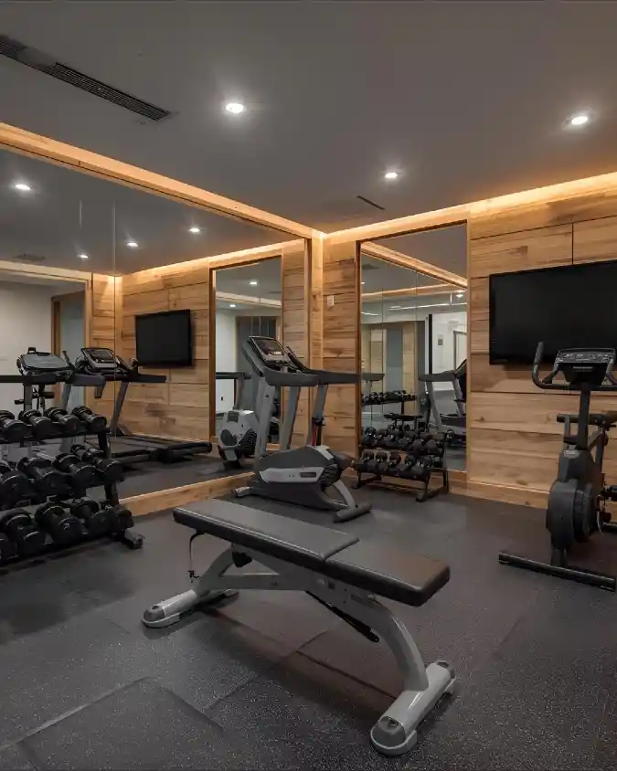 Warm Wood Reflection Gym Wall